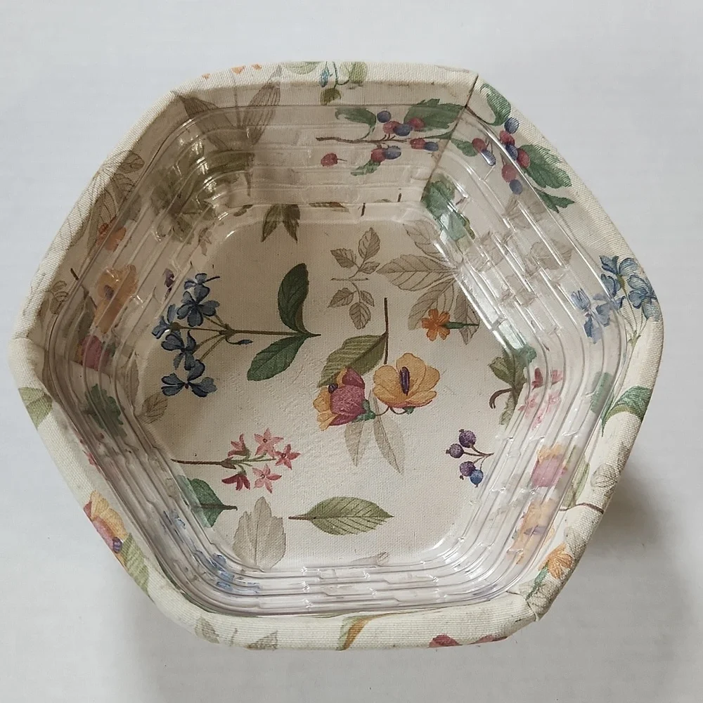 1998 Longaberger Hexagonal Basket With Flowered Liner and Plastic Insert